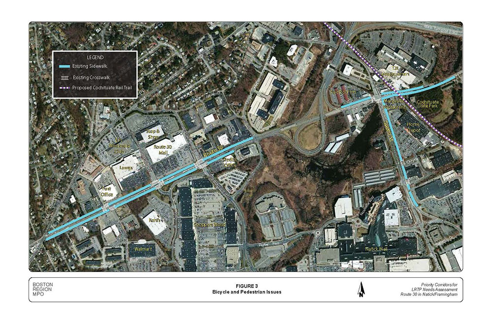 FIGURE 3. Aerial-view map that shows the existing sidewalks and crosswalks in the study area, and visualizes potential problem spots for pedestrians and bicyclists.